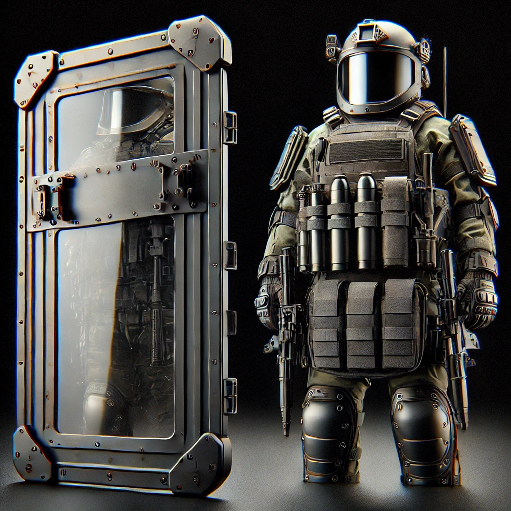 This image displays riot shields and ballistic shields, illustrating their protective features and uses in tactical operations.