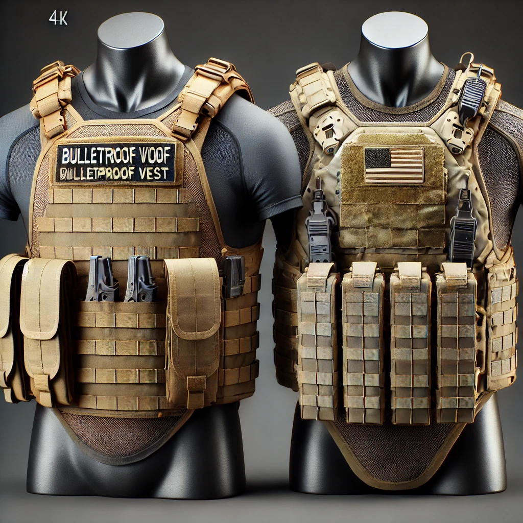 This image shows bulletproof vests and plate carriers, highlighting the differences between soft and hard armor.