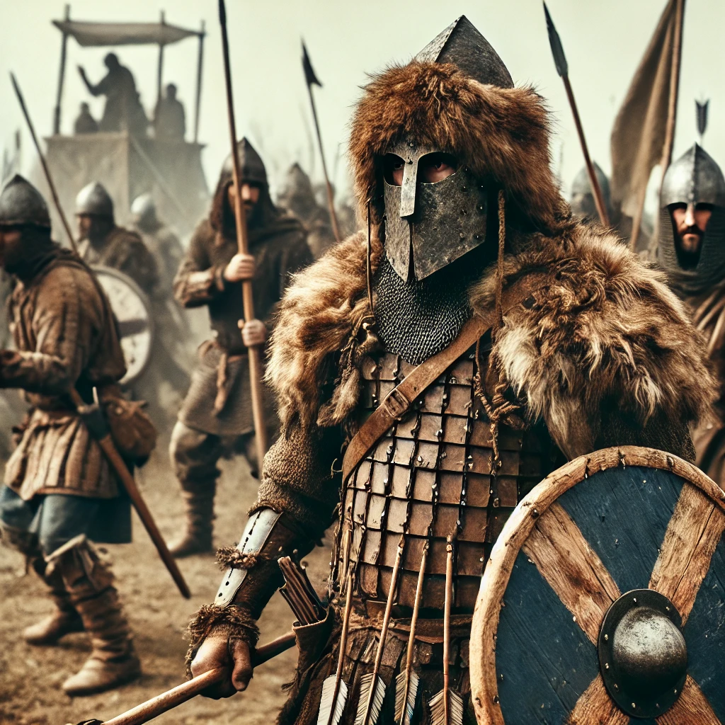 Ancient battlefield scene depicting a warrior wearing primitive armor made from animal skins, wood, and metals. The background includes other warriors with shields and basic protective gear, set in a medieval environment with arrows flying and signs of combat, representing the early stages of armor development.