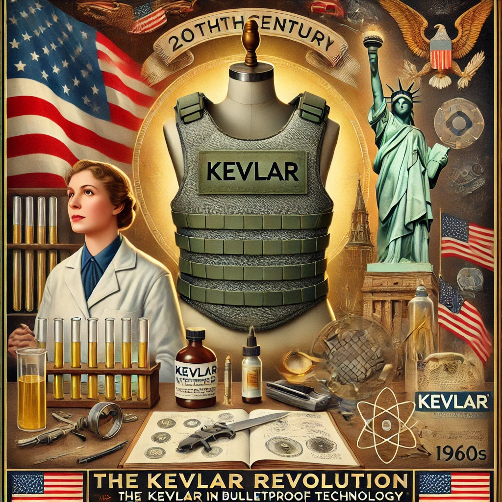 A patriotic-themed scene depicting the Kevlar Revolution in bulletproof technology during the 20th century. The image features a Kevlar vest prominently displayed with American flags and iconic symbols like the Statue of Liberty and an eagle subtly incorporated into the background. Stephanie Kwolek, the inventor of Kevlar, is shown in a 1960s laboratory setting with testing equipment and Kevlar fibers, reflecting American innovation and pride in the development of modern body armor.