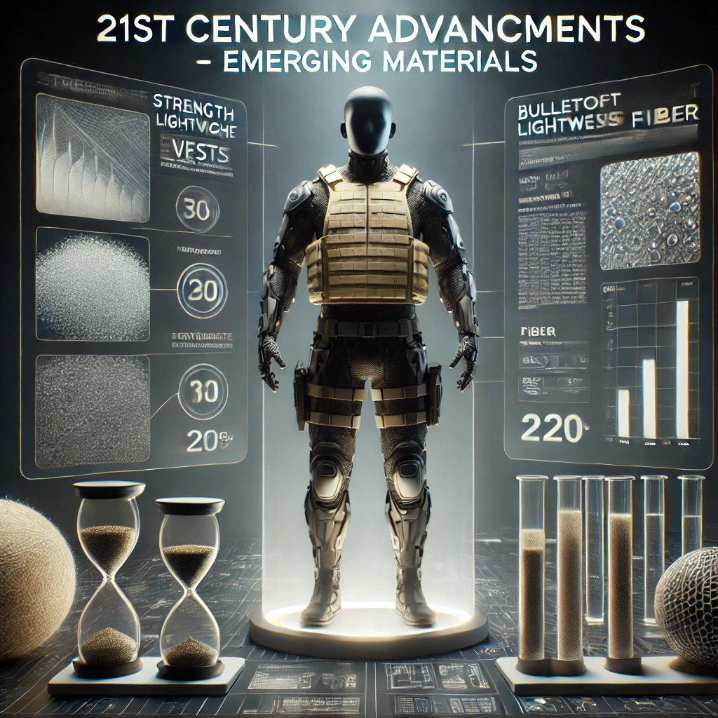 A futuristic scene showcasing bulletproof vests made from Dyneema, the world’s strongest fiber. The image highlights the properties of Dyneema, such as its high strength, lightweight nature, and flexibility. The setting includes high-tech lab equipment and fiber samples, emphasizing the revolutionary impact of Dyneema on modern body armor, enhancing protection and mobility.