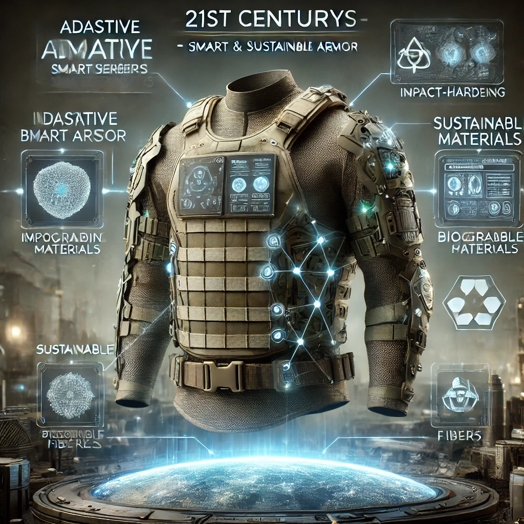 A futuristic depiction of adaptive and smart body armor with integrated sensors, impact-hardening materials, and sustainable features. The image shows a smart vest with digital displays, connectivity to mobile devices, and environmentally friendly components like biodegradable fibers and recyclable parts. The setting reflects a high-tech environment, highlighting innovation, adaptability, and sustainability in modern bulletproof gear.