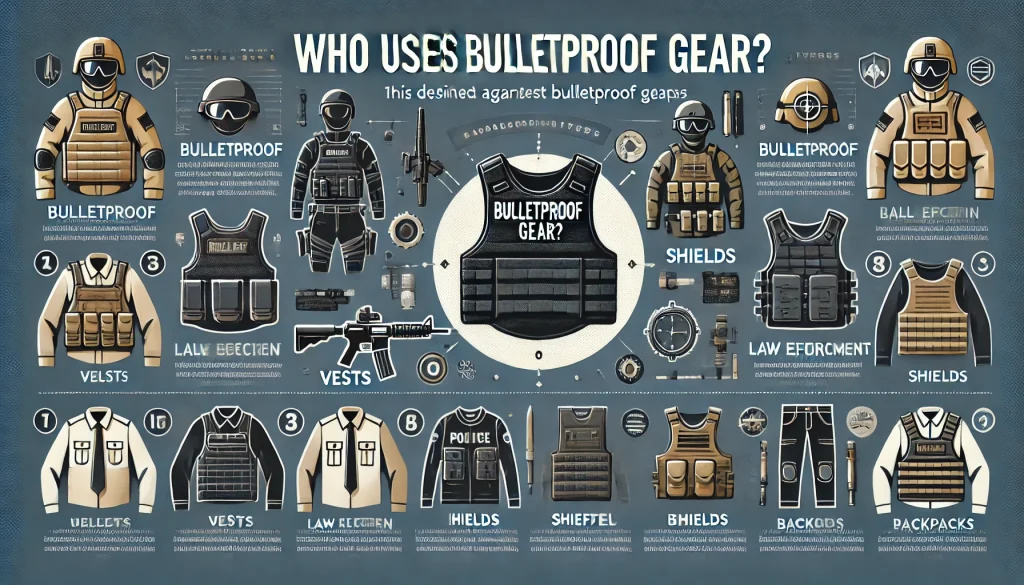 Illustration of bulletproof gear, showing types like vests, helmets, shields, clothing, and backpacks, with a focus on its definition as ballistic protection against bullets and shrapnel, and its use by military, law enforcement, civilians, and professionals.