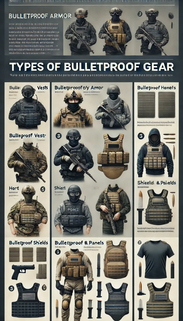 vertical infographic titled Types of Bulletproof Gear