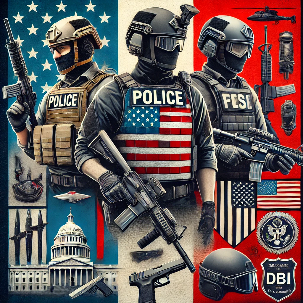 Red, white, and blue themed image showcasing law enforcement agencies using bulletproof gear, including police officers wearing vests, SWAT teams with advanced helmets and shields, and federal agencies like FBI, DEA, and U.S. Marshals in protective operations.