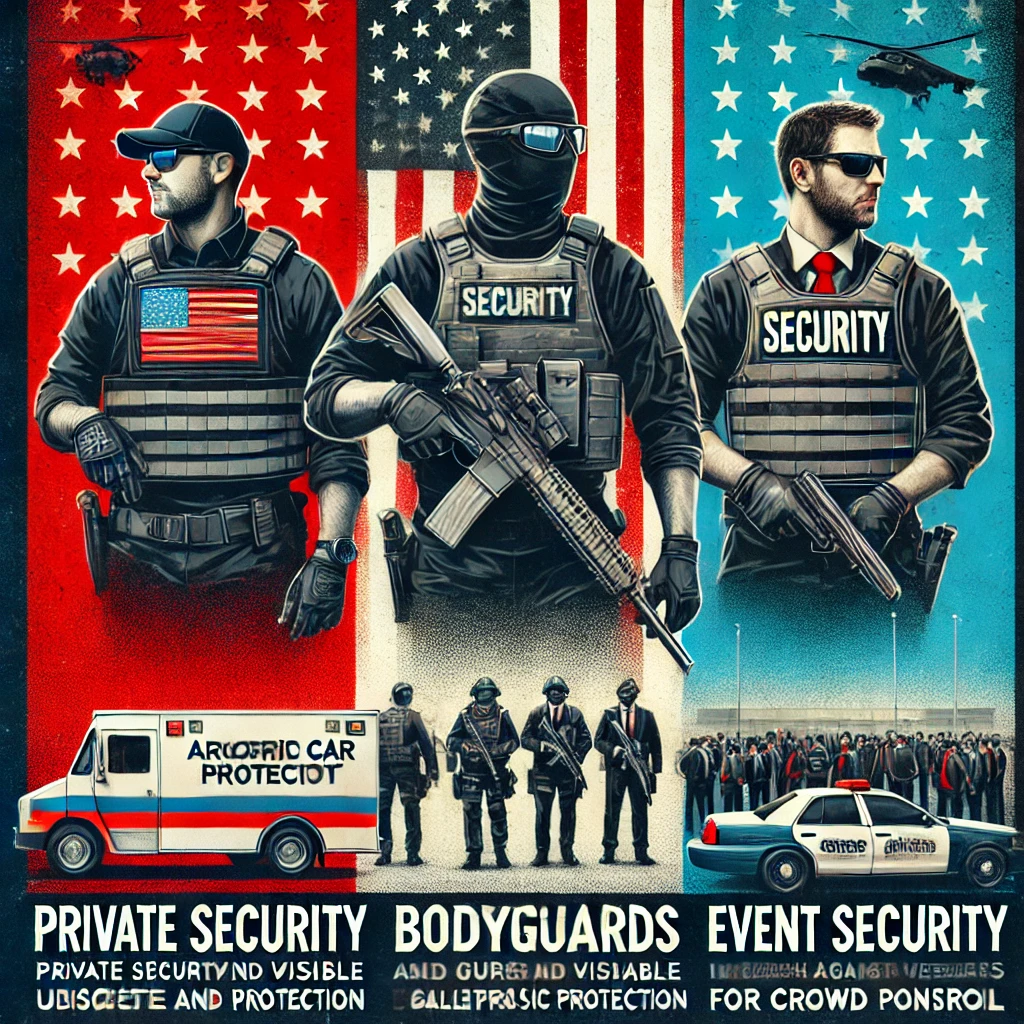 Red, white, and blue themed image showcasing security professionals using bulletproof gear, including private security and bodyguards with protective vests, armored car personnel guarding against armed robbery, and event security teams managing crowd control in high-profile venues.