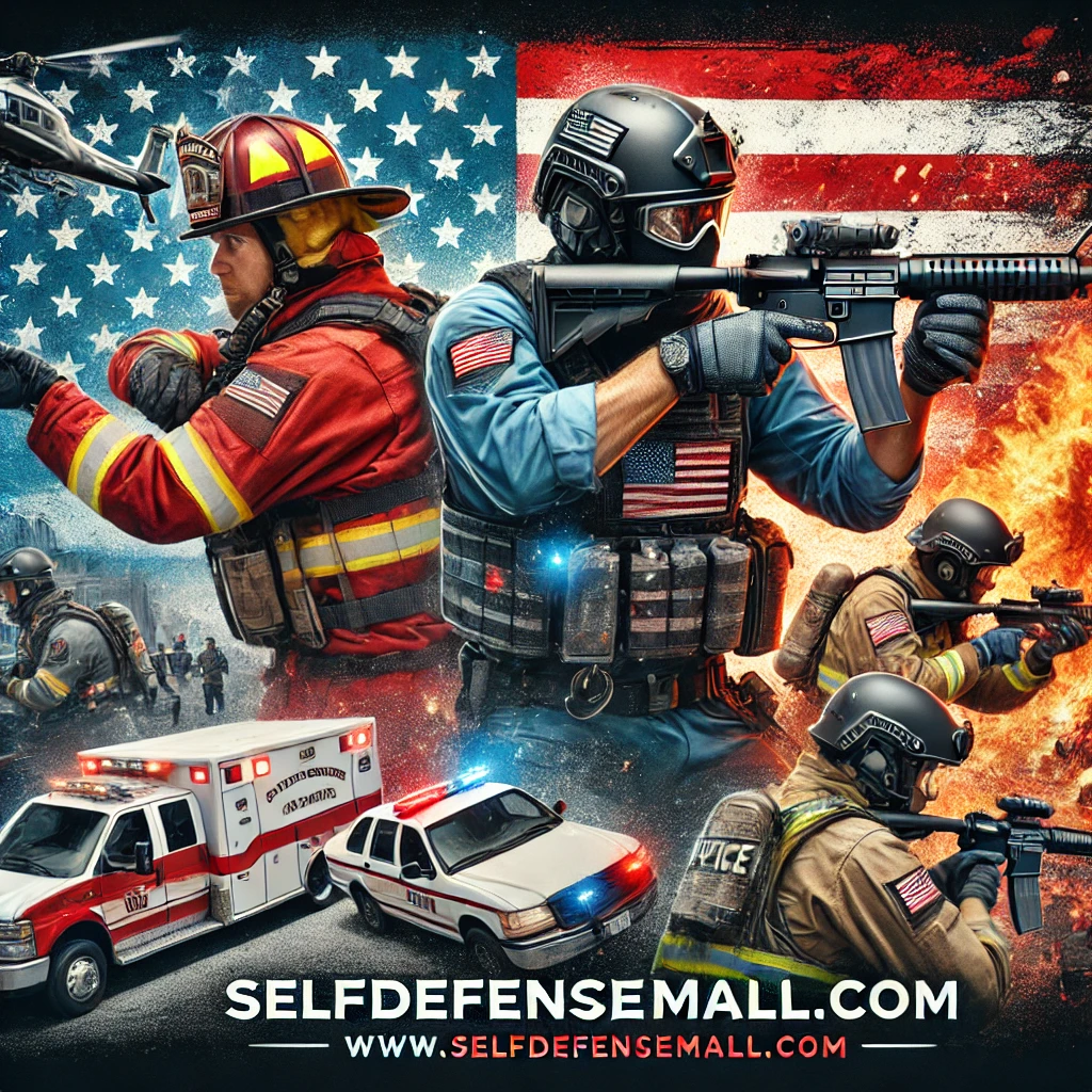 Image depicting emergency responders using bulletproof gear, featuring firefighters and paramedics in protective vests and helmets during violent scenarios, and highlighting rescue missions with gear used in active shooter incidents for safe operations.