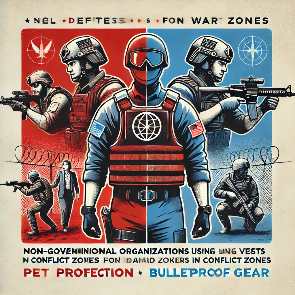 Image showing Non-Governmental Organizations (NGOs) using bulletproof gear, featuring humanitarian workers with vests and helmets in conflict zones, and highlighting protection for medical and aid workers in war zones to ensure their safety.