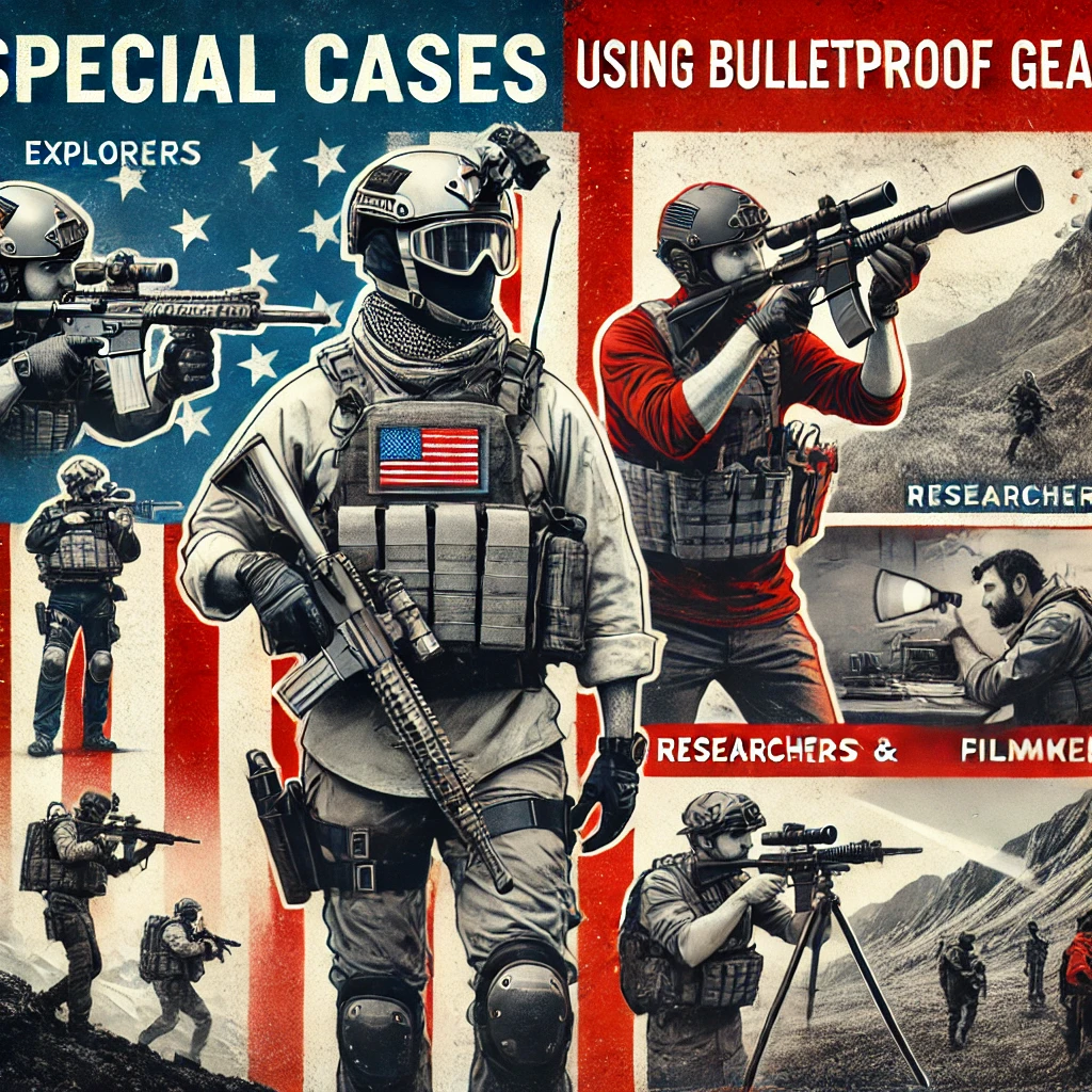 Image highlighting special cases using bulletproof gear, featuring explorers and adventurers in remote or unstable regions with protective gear, and researchers and filmmakers using bulletproof vests and helmets in hostile environments for safety during fieldwork.