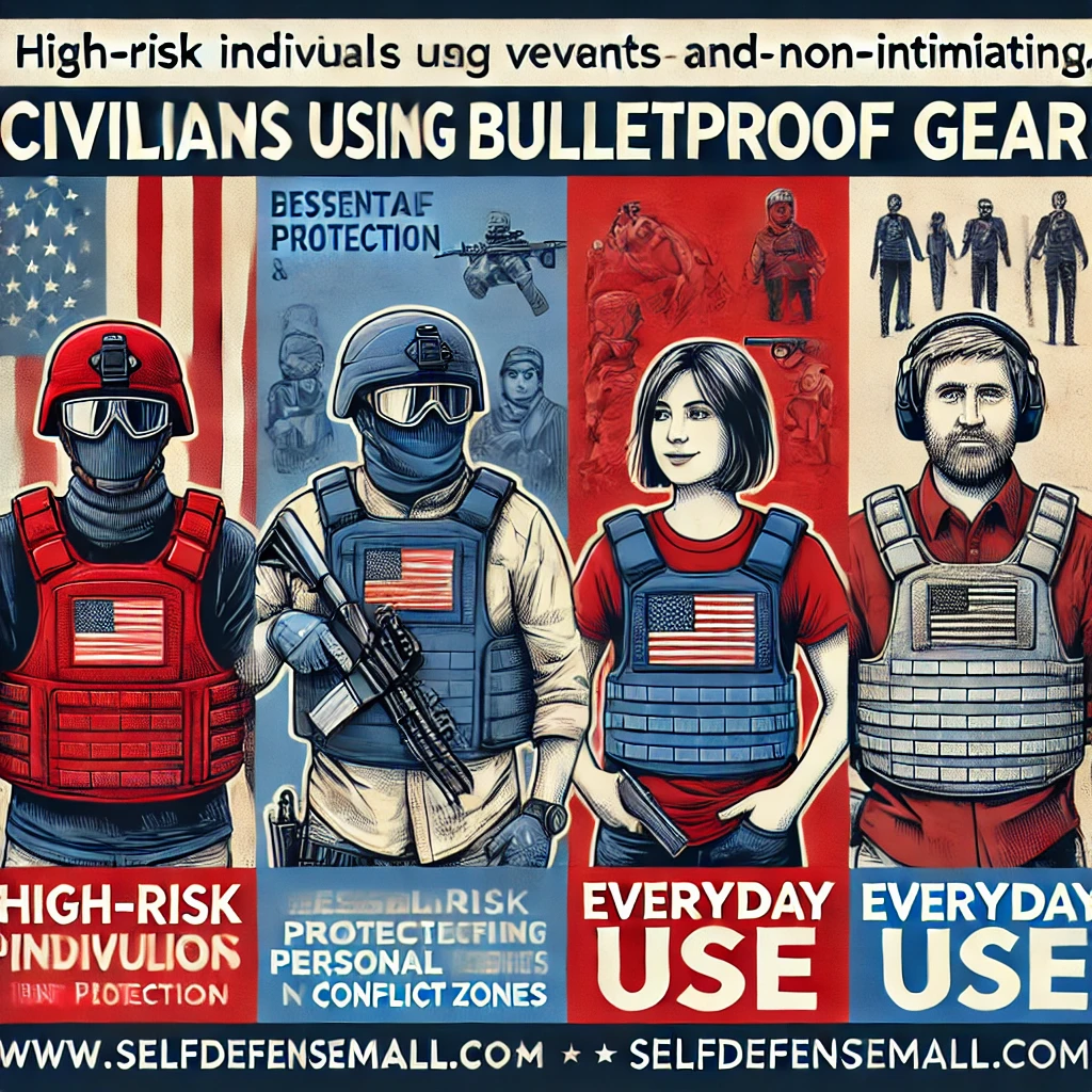 Image depicting civilians using bulletproof gear, including high-risk individuals wearing discreet protective vests and clothing, journalists with essential gear in conflict zones, and students using bulletproof backpacks for everyday safety.