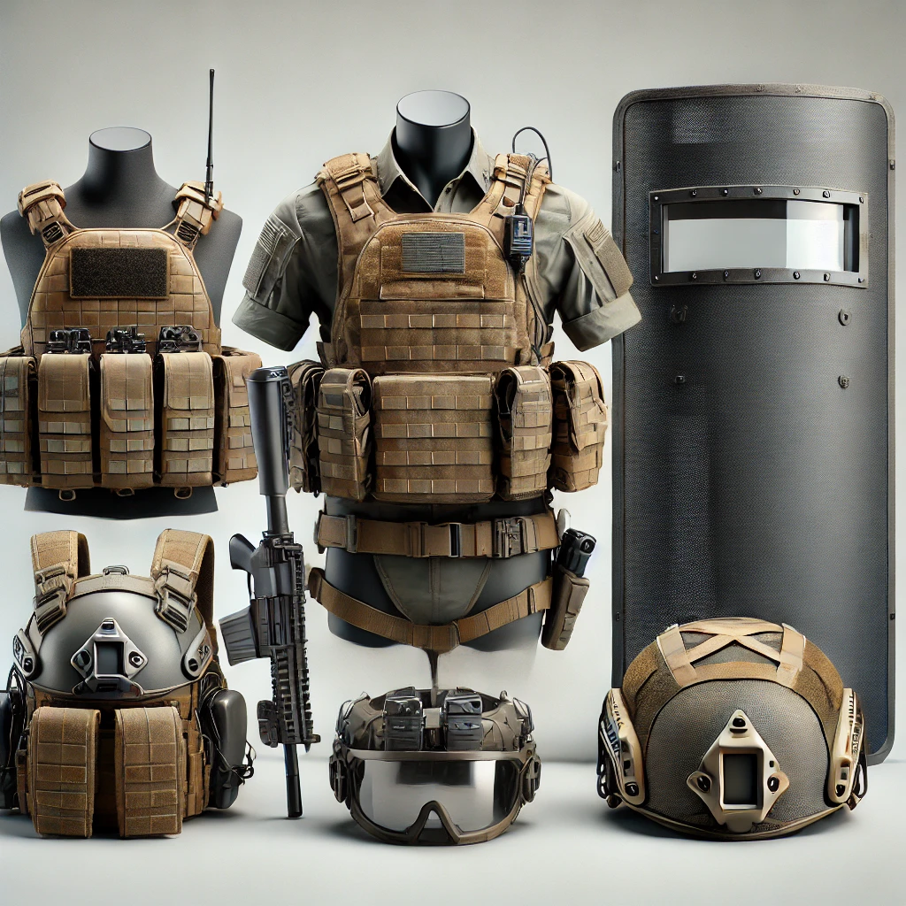 Illustration of various bulletproof gear including a bulletproof vest with protective plates, a tactical helmet, a mobile shield used by security personnel, and a reinforced backpack with ballistic panels. The image emphasizes modern, realistic ballistic protection equipment designed for safety and defense.
