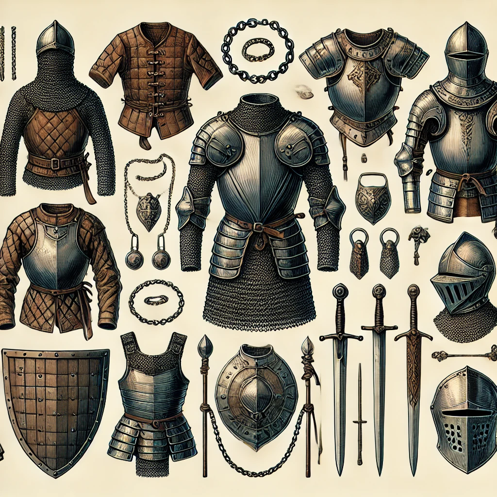 Illustration showing early forms of body armor, including leather armor, chain mail, and metal plates, highlighting the evolution of protective gear from ancient times and its influence on modern bulletproof technology.