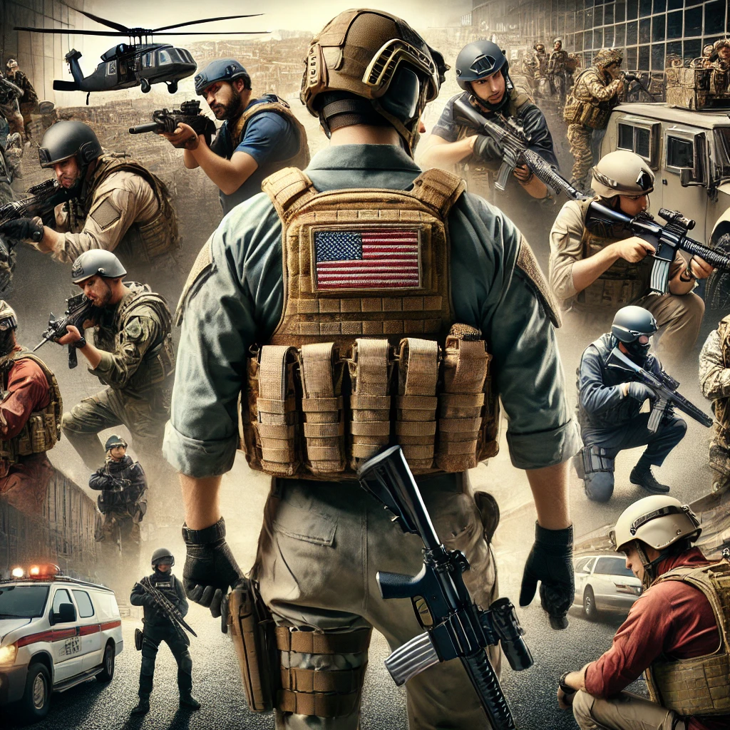 Illustration of bulletproof gear used in high-risk environments, depicting military personnel, police officers, security guards, and civilians, including journalists and individuals with bulletproof backpacks. The image emphasizes personal safety, protection, and preparedness in dangerous situations.
