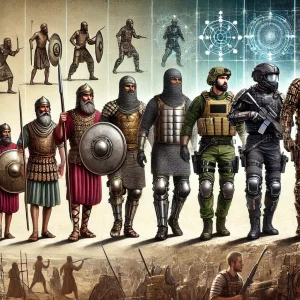 Illustration showing the evolution of bulletproof gear from ancient armor to modern vests, highlighting key advancements in personal protection technology.