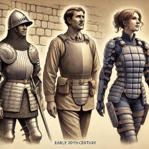 Illustration depicting the evolution of body armor through three stages: on the left, a medieval knight in traditional metal armor standing against a stone wall backdrop; in the center, an early 20th-century military figure wearing bulky, early bulletproof armor; and on the right, a modern female officer wearing a specially designed bulletproof vest with chest contouring, ergonomic design, and lightweight materials, set against a modern cityscape. The image highlights the transition from unisex armor to gender-specific protective gear tailored for women.