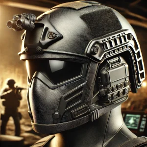 A highly detailed and realistic 4k image of a modern bulletproof helmet featuring advanced tactical design elements. The helmet showcases a sleek and protective structure with integrated mounts for accessories like night vision goggles and communication devices, highlighting its use in military and law enforcement operations. The materials appear durable, lightweight, and designed for ballistic resistance, emphasizing the helmet's role in personal safety and innovation in protective gear technology.