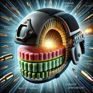 Illustration showing the science behind bulletproof helmets with a cutaway view, highlighting layers of ballistic materials, foam padding, and outer shell deflecting a bullet, demonstrating energy absorption and dispersion in protective headgear.
