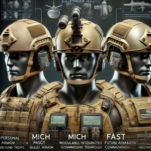 4k image showcasing different types of bulletproof helmets: PASGT, MICH, and FAST, highlighting their unique features, uses, and designs for safety.