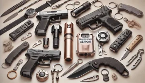 Featured image showcasing various self-defense weapons for women, including pepper spray, stun guns, personal alarms, keychain weapons, and self-defense knives, arranged in a professional and modern setting, symbolizing safety, empowerment, and readiness for personal protection.