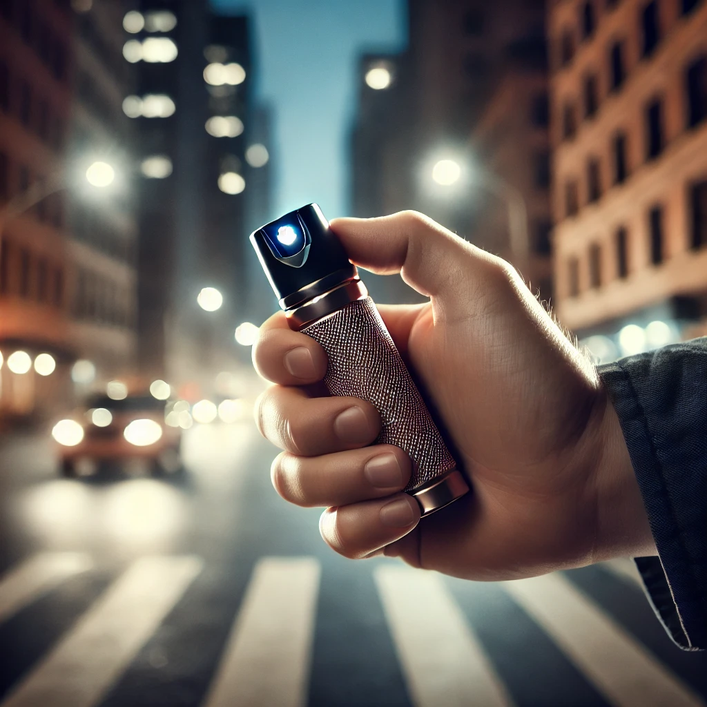 Person walking late at night in an urban area, holding a compact self-defense weapon like pepper spray, symbolizing personal safety and preparedness.