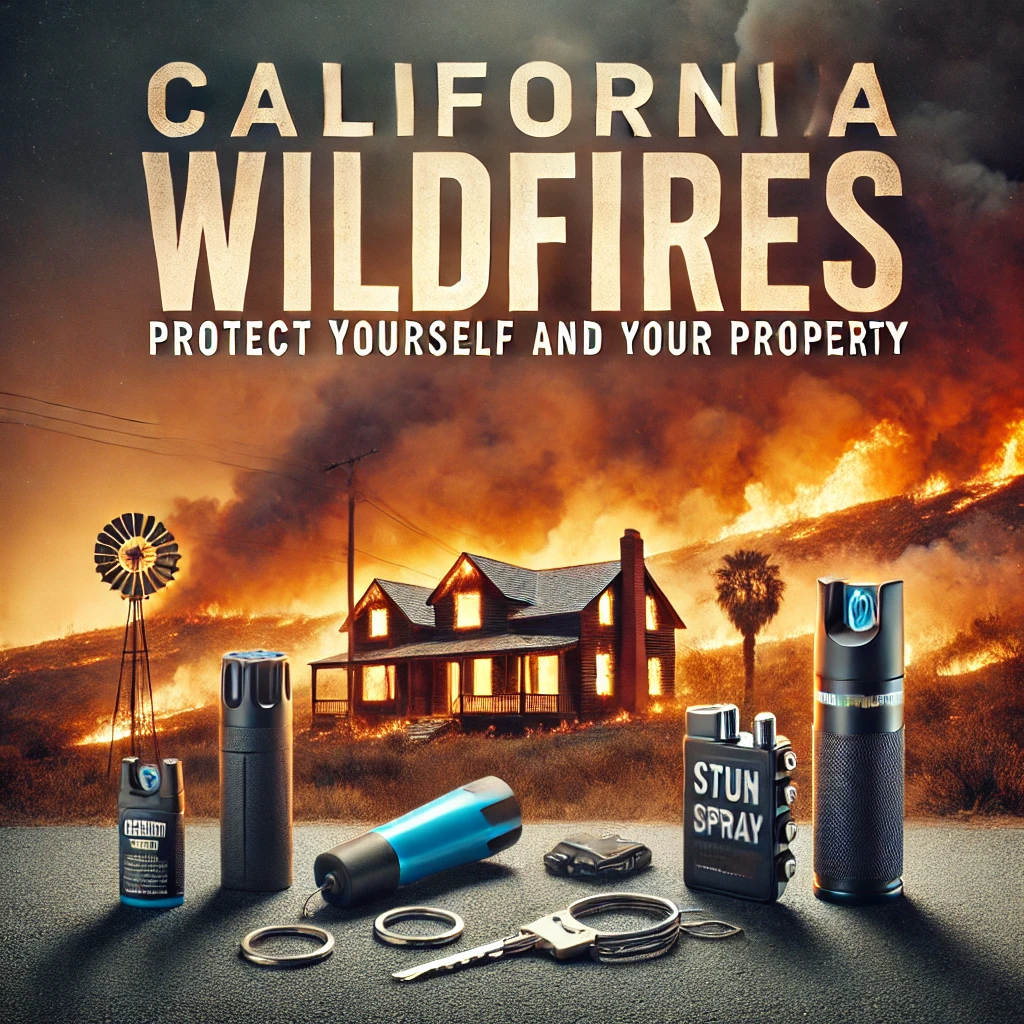Featured image for a blog article about California wildfires and self-defense, showing a backdrop of wildfires and smoky skies with self-defense tools like pepper spray, a stun gun, and an air horn in the foreground, emphasizing preparedness and protection.